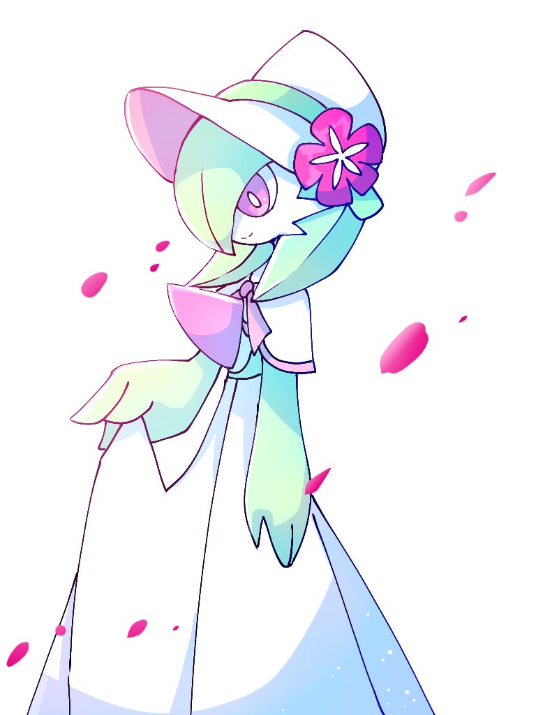 ayaka_488, bonnet, colored_skin, dress, falling_petals, flower, gardevoir, gardevoir_(fashionable)