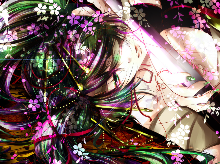 bad_id, bandages, flower, green_eyes, green_hair, hatsune_miku, japanese_clothes, kimono