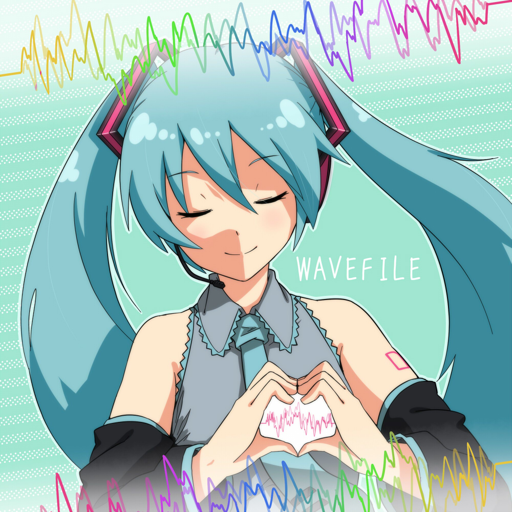 aqua_hair, bad_id, closed_eyes, detached_sleeves, eyes_closed, hatsune_miku, headset, heart