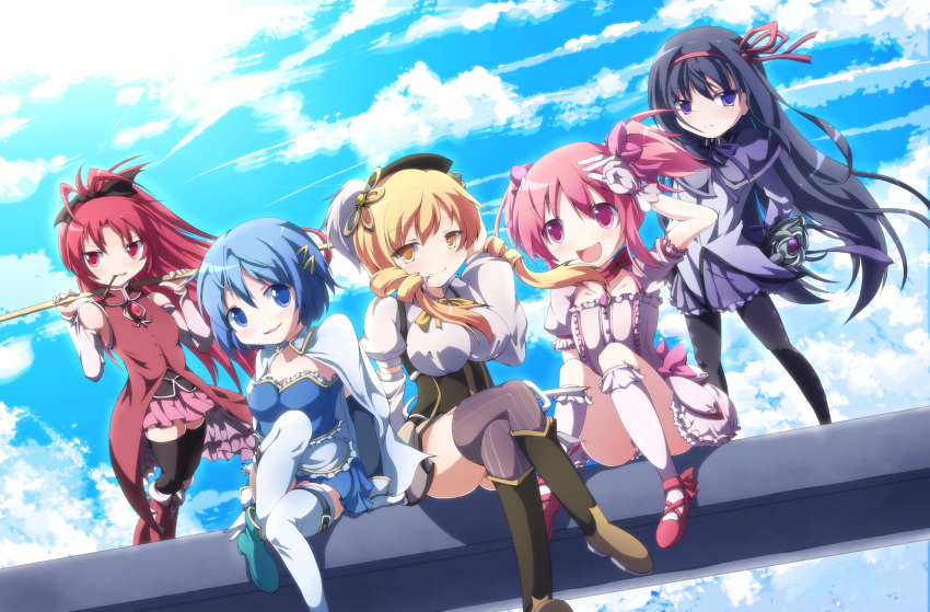 akemi_homura, beret, blonde_hair, blue_eyes, blue_hair, boots, crossed_legs, drill_hair