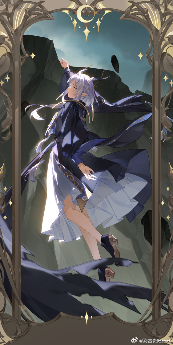 1girl, arm_at_side, black_coat, black_shoes, blue_eyes, border, branch, branch_in_hair, chinese_commentary, cliff, closed_mouth, coat, dangling, dragon_girl, dragon_horns, dress, frown, full_body, gem, gou_fu_gui_wang_wang_wang, high_heels, horns, long_sleeves, looking_to_the_side, medium_dress, ornate_border, parted_bangs, pearl_(gemstone), project_soul, puffy_long_sleeves, puffy_sleeves, rubble, shoes, short_hair_with_long_locks, solo, tassel, watermark, weibo_watermark, white_dress, white_hair, wide_sleeves