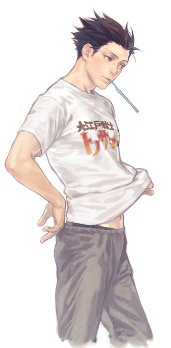a_k_i, alternate_costume, black_hair, blue_eyes, brown_hair, casual, clothes_writing, clothing_writing
