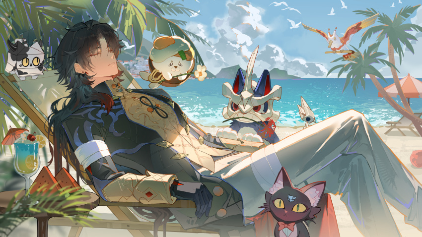 1boy, absurdres, bandaged_arm, bandaged_leg, bandages, beach_chair, black_gloves, black_hair