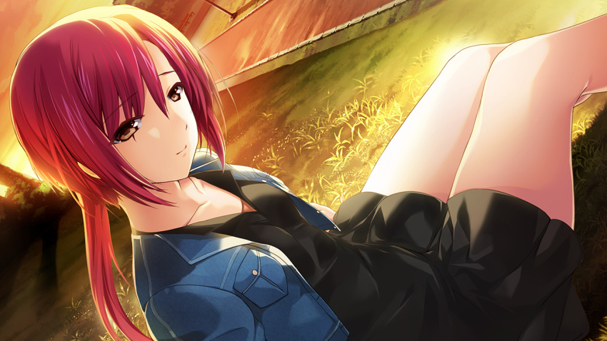 1girl, black_dress, blue_jacket, breast_pocket, breasts, brown_eyes, casual, choukou_(alicesoft)