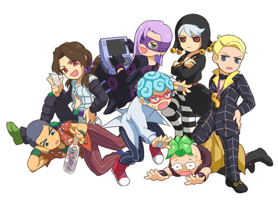 >_<, 6+boys, :d, black_gloves, black_hat, black_jacket, black_pants, blonde_hair, blue_eyes, blue_hair, bottle, brown_hair, computer, crossed_arms, formaggio, ghiaccio, glass_shard, gloves, green_eyes, green_hair, grey_hair, hand_on_own_hip, happy, hat, holding_glass_shard, illuso, in_bottle, in_container, jacket, jojo_no_kimyou_na_bouken, laptop, lying, mask, melone, moisukii, multiple_boys, on_side, pants, pesci, prosciutto_(jojo), purple_hair, red-framed_eyewear, red_eyes, risotto_nero, short_hair, sitting, smile, sweat, tears, tripping, vento_aureo, wavy_eyes, white_jacket, xd