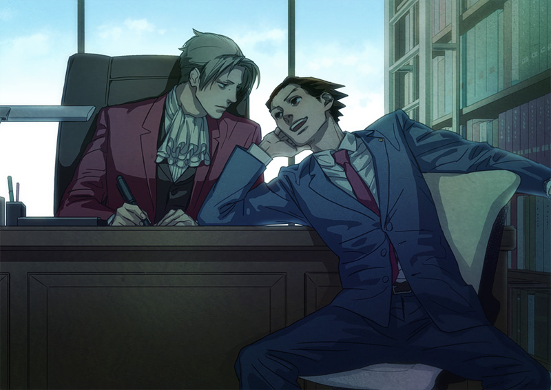 a_k_i, belt, black_hair, book, chair, cravat, desk, formal, grey_hair, gyakuten_saiban, happy, jacket, male, mitsurugi_reiji, mole, multiple_boys, naruhodou_ryuuichi, necktie, office, open_mouth, pants, pen, short_hair, sitting, suit, talking, tie, vest, window, writing