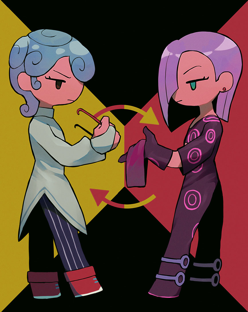 2boys, arrow_(symbol), blue_hair, bodysuit, cleaning_eyewear, earrings, expressionless, eyelashes