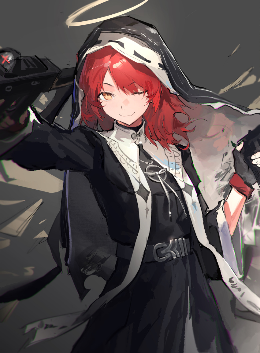 1girl, absurdres, arknights, black_gloves, closed_mouth, commentary, cowboy_shot, detached_wings