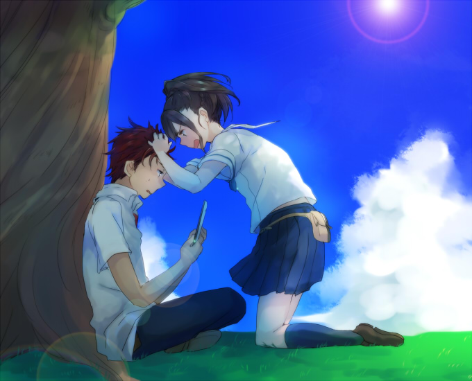 1boy, 1girl, blue_bow, blue_pants, blue_skirt, blue_sky, blue_socks, blue_stripes