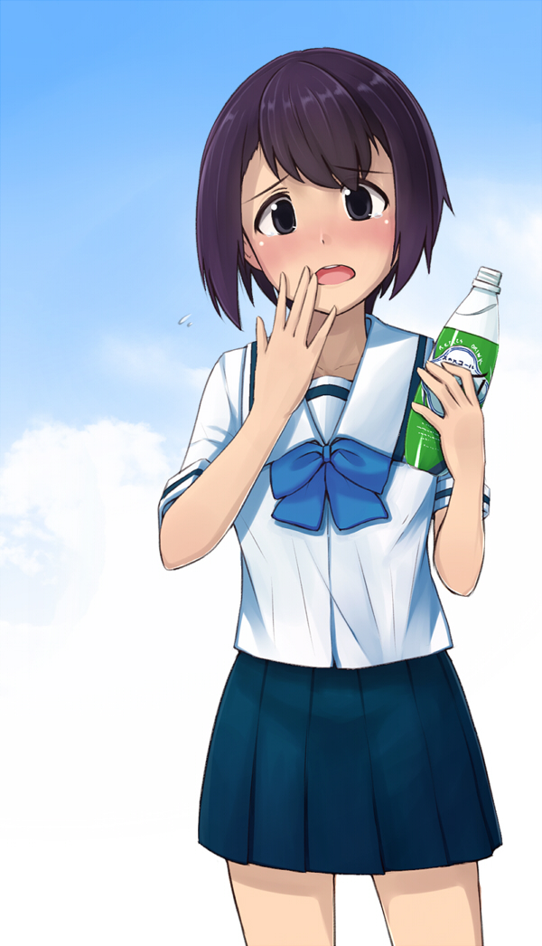 1girl, bare_legs, black_hair, blue_bow, blue_skirt, blue_stripes, bob_cut, bottle