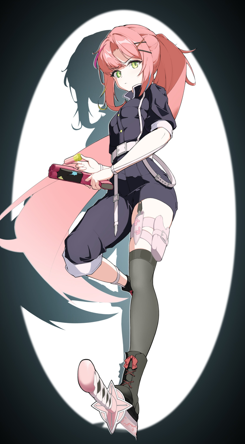 1girl, absurdres, aqua_streaks, asymmetrical_pants, belt, belt_buckle, black_pants, black_shirt, black_shoes, black_socks, buckle, bullet, closed_mouth, collared_shirt, dagger, fakeseal2, full_body, green_eyes, green_streaks, gun, hair_ornament, hanako_nana, handgun, hashtag-only_commentary, highres, holding, holding_bullet, holding_gun, holding_weapon, knife, leg_up, long_hair, looking_at_viewer, multicolored_hair, over-kneehighs, pants, peto_(hanako_nana), pink_hair, pink_streaks, ponytail, serious, shadow, shirt, shoes, sidelocks, single_sock, socks, solo, spotlight, standing, standing_on_one_leg, stellive, streaked_hair, thigh-highs, thigh_strap, three-quarter_sleeves, v-shaped_eyebrows, very_long_hair, virtual_youtuber, weapon, white_belt, x_hair_ornament