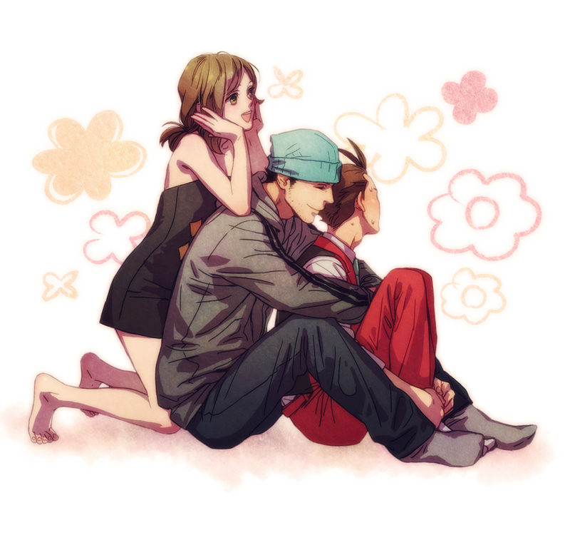 2boys, ^_^, a_k_i, alternate_eye_color, antenna_hair, asymmetrical_hair, bare_shoulders, barefoot