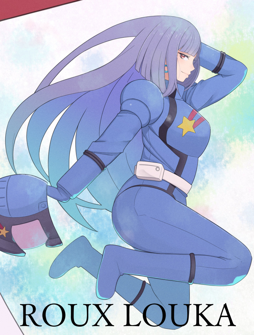 1girl, absurdres, aeug, blue_bodysuit, blush, bodysuit, breasts, character_name