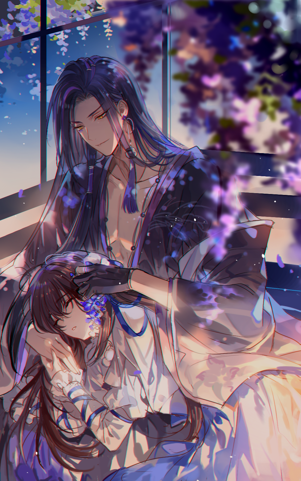 >:), 1boy, 1girl, aoqun, arm_ribbon, black_gloves, black_hair, black_hanfu
