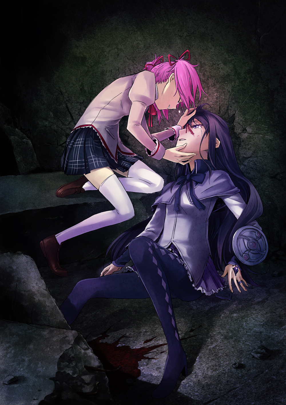 akemi_homura, blood, closed_eyes, double-trigger, face-to-face, face_to_face, gou_(double_trigger), hand_on_head