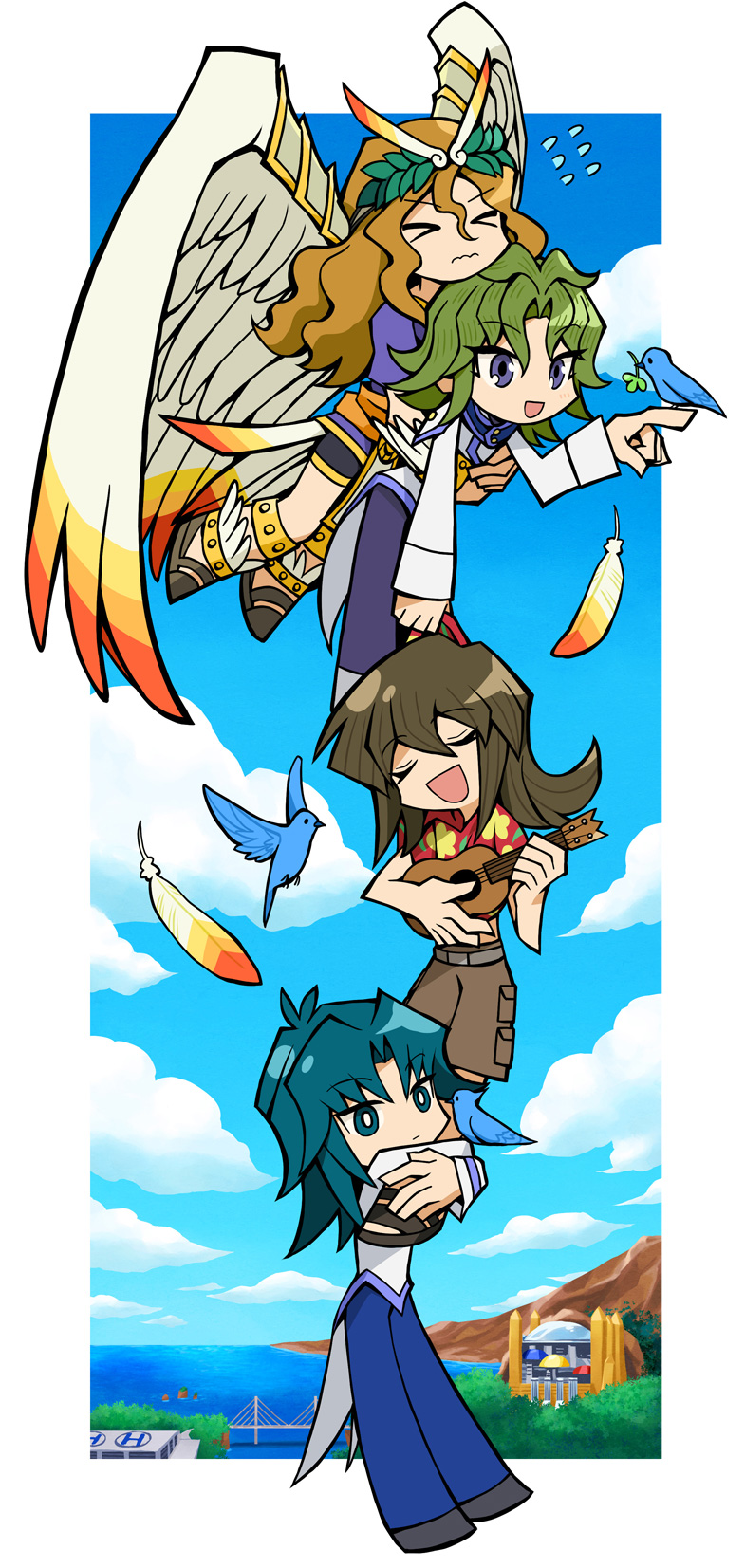 >_<, 4boys, angel, angel_wings, bird, bird_on_hand, blue_bird, blue_eyes