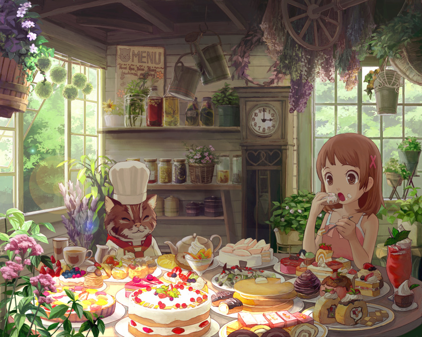 brown_eyes, brown_hair, cake, cat, checkerboard_cookie, chef_hat, child, clock