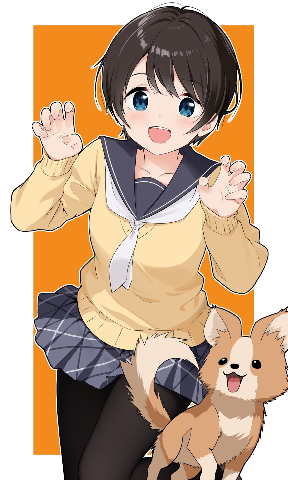 1girl, azumawari_(azumofu), black_hair, black_pantyhose, black_sailor_collar, blue_eyes, blush, border