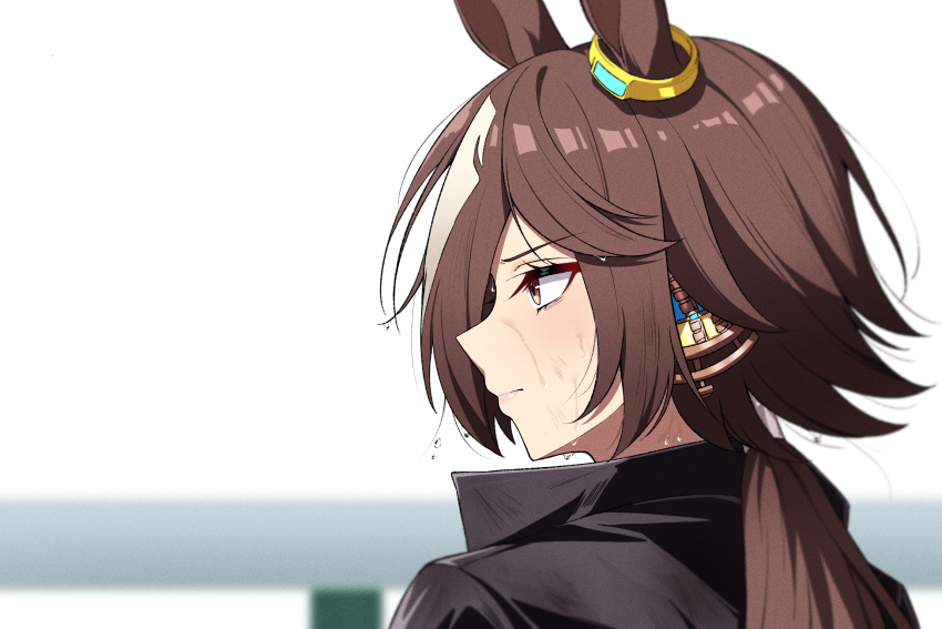 1girl, animal_ears, black_jacket, blurry, blurry_background, brown_hair, closed_mouth, commentary