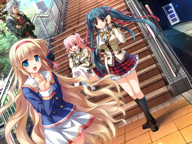 1boy, 3girls, amber_quartz, blonde_hair, blue_eyes, game_cg, green_hair, hairband, himeji_sarina, long_hair, looking_at_viewer, mochizuki_nayuta, multiple_girls, non-web_source, orange_eyes, pink_hair, red_hairband, ribbon, school_uniform, socks, tokikuni_miyako, tsukasa_yuuki, twintails
