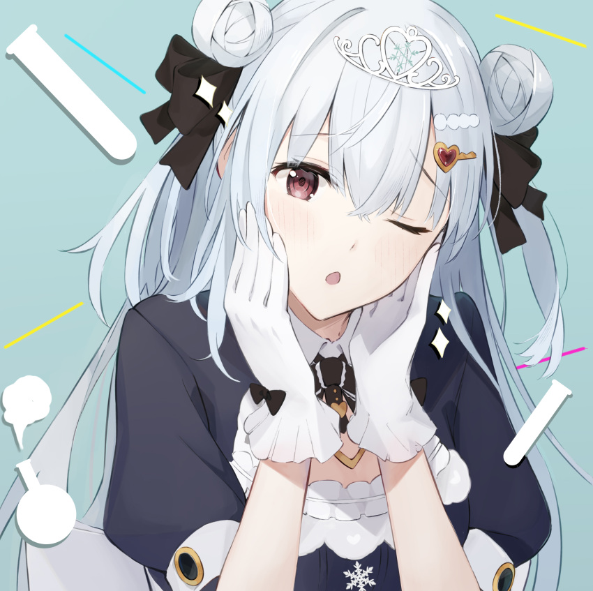 1girl, :o, black_dress, black_ribbon, blue_background, breasts, cleavage_cutout, clothing_cutout, cross-laced_clothes, cross-laced_dress, double_bun, dress, gloves, grey_hair, hair_bun, hair_ornament, hair_ribbon, hairclip, hakase_fuyuki, hakase_fuyuki_(7th_costume), hands_on_own_face, heart, heart_o-ring, highres, kotorime_(kmizuq1), long_hair, looking_at_viewer, maid, neck_ribbon, nijisanji, o-ring, one_eye_closed, puffy_short_sleeves, puffy_sleeves, red_eyes, ribbon, short_sleeves, snowflakes, solo, tiara, upper_body, virtual_youtuber, white_gloves