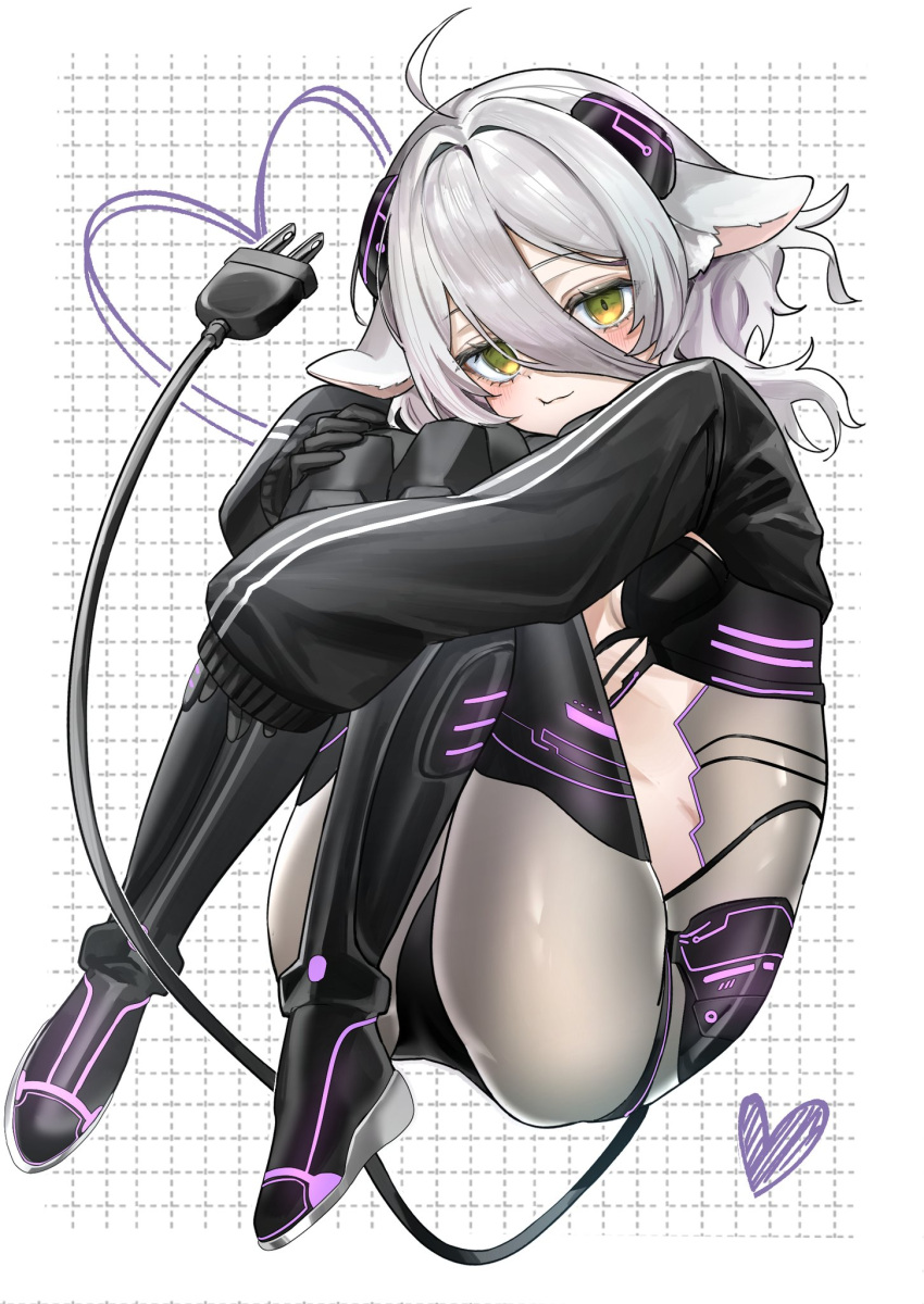 1girl, ahoge, animal_ears, black_gloves, black_shoes, black_shrug, black_thighhighs, closed_mouth