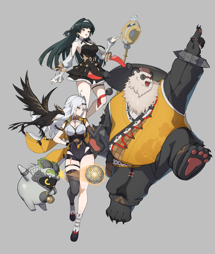 1boy, 2girls, 2others, animal_ears, arm_up, armband, astra_yao, astra_yao_(chandelier)