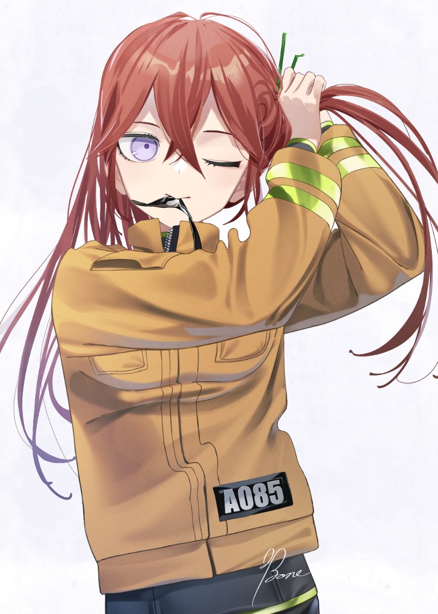 1girl, brown_jacket, commentary, crossed_bangs, hair_between_eyes, hair_half_undone, hair_tie_in_mouth, hentai_prison