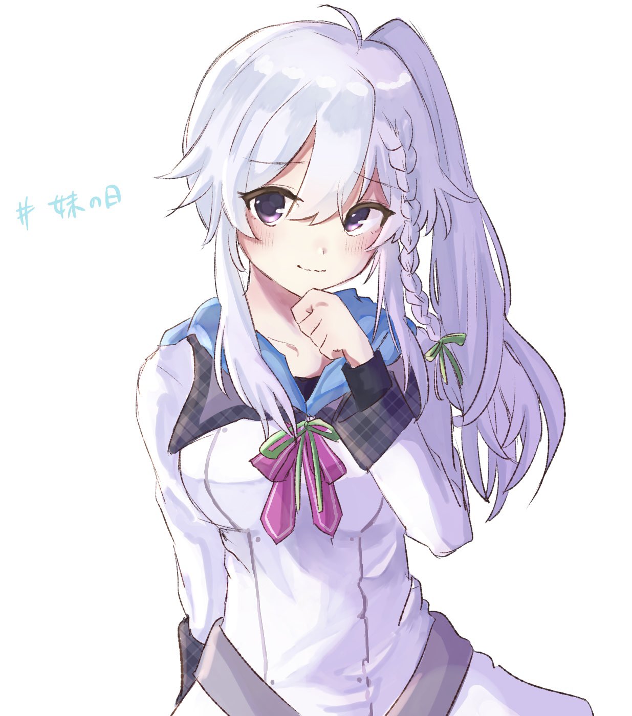 1girl, 9-nine-, ahoge, arm_behind_back, belt, blush, bow, bowtie