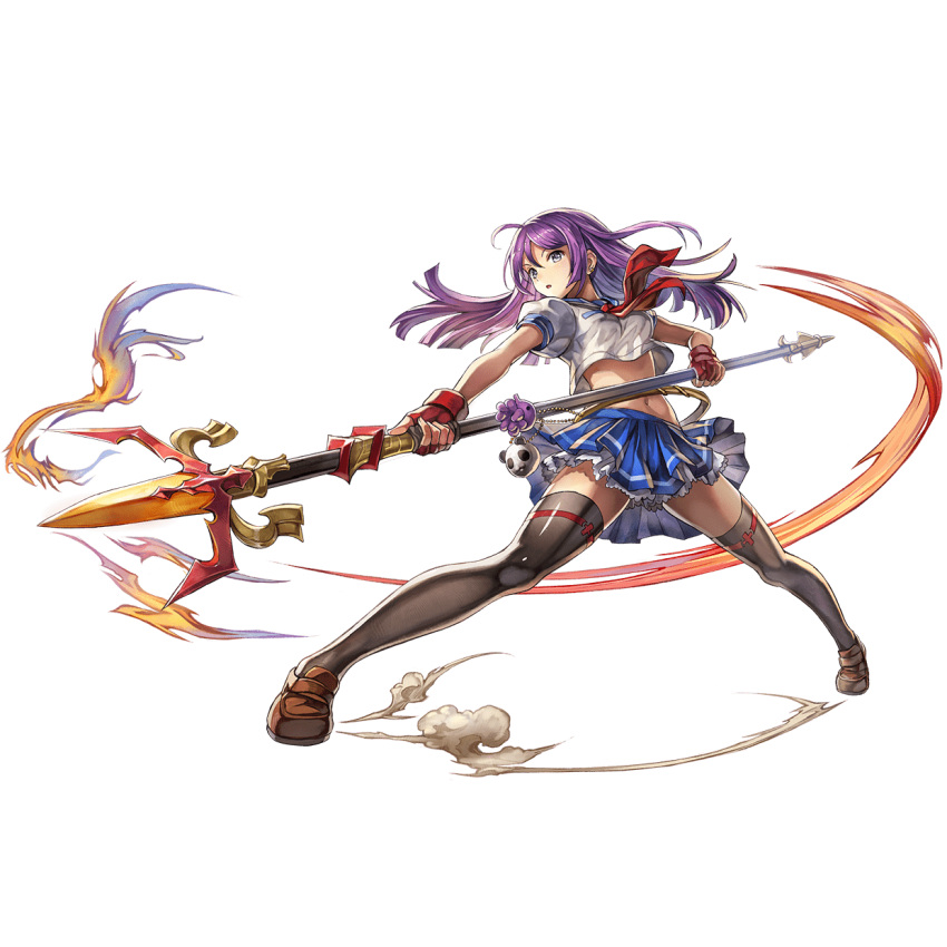 1girl, ahoge, another_eden, another_eden_art_team, black_thighhighs, blue_sailor_collar, blue_skirt, blush, breasts, brown_shoes, fighting_stance, fingerless_gloves, foran_(another_eden), full_body, gloves, grey_eyes, hair_between_eyes, highres, holding, holding_polearm, holding_weapon, large_breasts, loafers, long_hair, looking_at_viewer, midriff, navel, neckerchief, octopus, panda, pink_hair, pleated_skirt, polearm, puffy_short_sleeves, puffy_sleeves, red_neckerchief, sailor_collar, school_uniform, serafuku, shirt, shoes, short_sleeves, simple_background, skirt, solo, spread_legs, standing, tachi-e, thigh-highs, thighs, transparent_background, two-handed, v-shaped_eyebrows, weapon, white_shirt