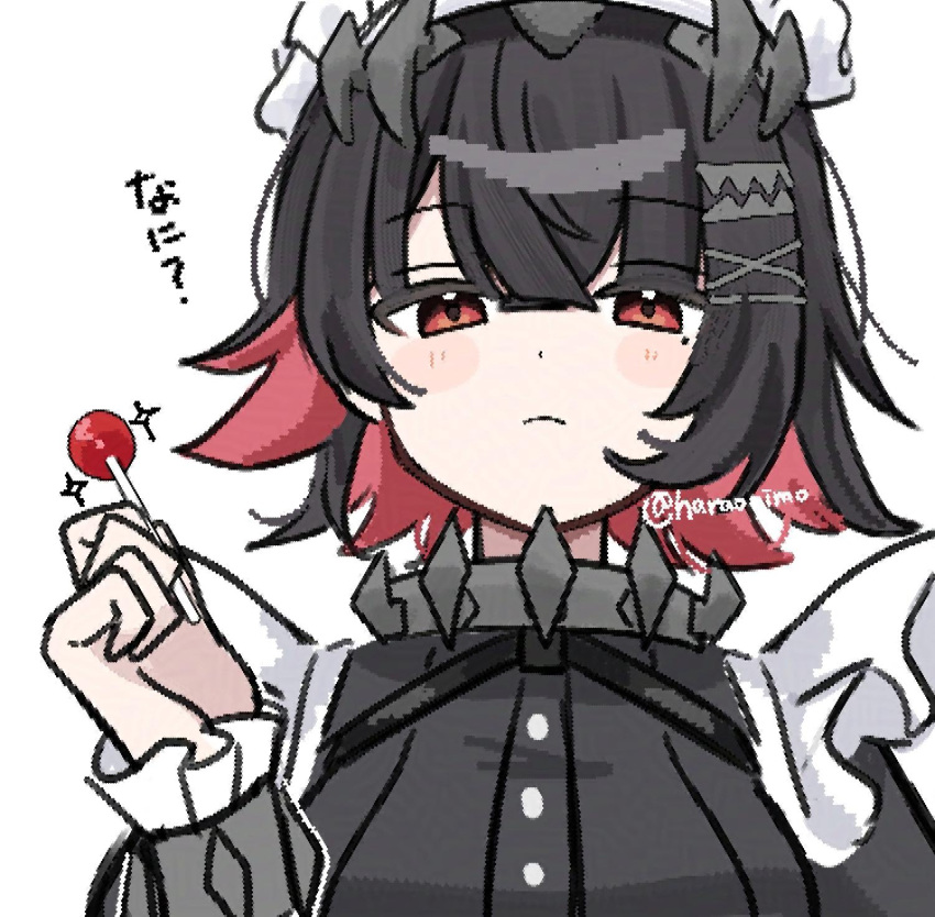 1girl, ?, black_hair, candy, closed_mouth, colored_inner_hair, ellen_joe, food