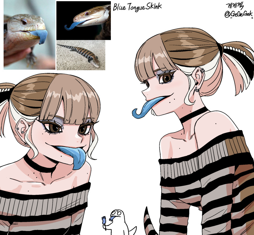 artist_self-insert, blonde_hair, blue-tongued_skink, blue_tongue, brown_hair, colored_tongue, creature_and_personification, gegegekman, highres, horizontal-striped_dress, lizard, lizard_tail, multicolored_hair, original, personification, photo_inset, ponytail, reference_inset, reptile_girl, skink_lizard, tail, tongue, tongue_out, twitter_username