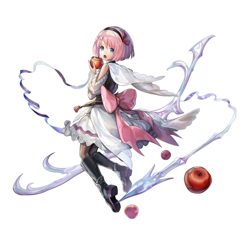 1girl, another_eden, another_eden_art_team, apple, black_boots, black_hairband, black_vest, blue_eyes, bob_cut, boots, bow, brown_thighhighs, cape, child, clothing_cutout, food, from_side, fruit, full_body, hair_ribbon, hairband, highres, holding, holding_food, holding_fruit, long_sleeves, looking_at_viewer, mana_(another_eden), official_art, open_mouth, pink_bow, pink_hair, red_bow, ribbon, short_hair, shoulder_cutout, skirt, solo, sweater, tachi-e, tareme, teeth, thigh-highs, transparent_background, upper_teeth_only, vest, white_cape, white_skirt