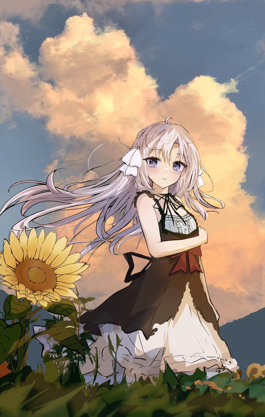 1girl, absurdres, arm_at_side, arm_under_breasts, black_dress, black_ribbon, blue_sky, blush