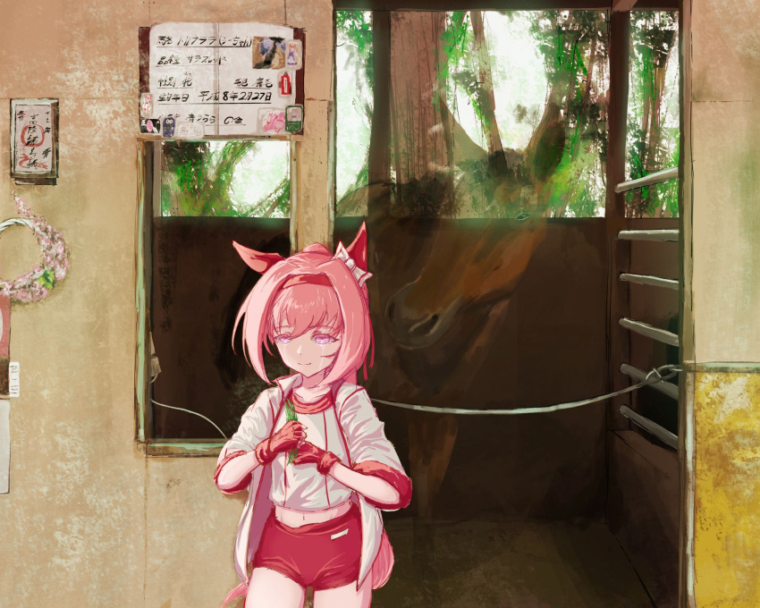 animal_ears, bow, buruma, ear_bow, ear_covers, flower-shaped_pupils, flower_in_eye, gym_uniform