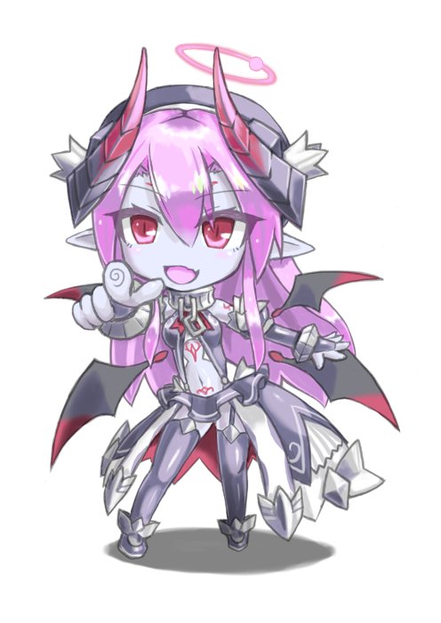 1girl, armor, armored_dress, asmodeus_(eco), beret, black_boots, black_dress, black_gloves, black_thighhighs, black_wings, blue_skin, boots, chibi, colored_skin, demon_girl, demon_horns, demon_wings, dress, elbow_gloves, emil_chronicle_online, garter_straps, gloves, gradient_wings, halo, hat, horns, long_hair, multicolored_wings, open_mouth, pink_hair, pointing, pointing_at_viewer, pointy_ears, red_eyes, red_halo, red_wings, sleeveless, sleeveless_dress, solo, thigh-highs, white_background, wings, ziyuuyarou