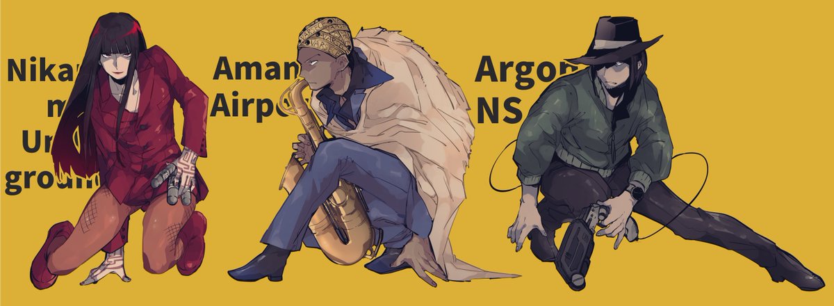 1girl, 2boys, bad_id, bad_twitter_id, black_hat, black_pants, blunt_bangs, cloak, collarbone, collared_suit, commentary_request, devil_summoner:_soul_hackers, devil_summoner_(series), fedora, full_body, gump_(devil_summoner), hand_on_ground, hat, hat_over_one_eye, holding_tube, instrument, jacket, judah_singh, kouichirou_urabe, looking_ahead, looking_at_viewer, multiple_boys, naomi_(soul_hackers), one_eye_covered, pants, pantyhose, popped_collar, raven_croow, red_jacket, saxophone, watch, yellow_background