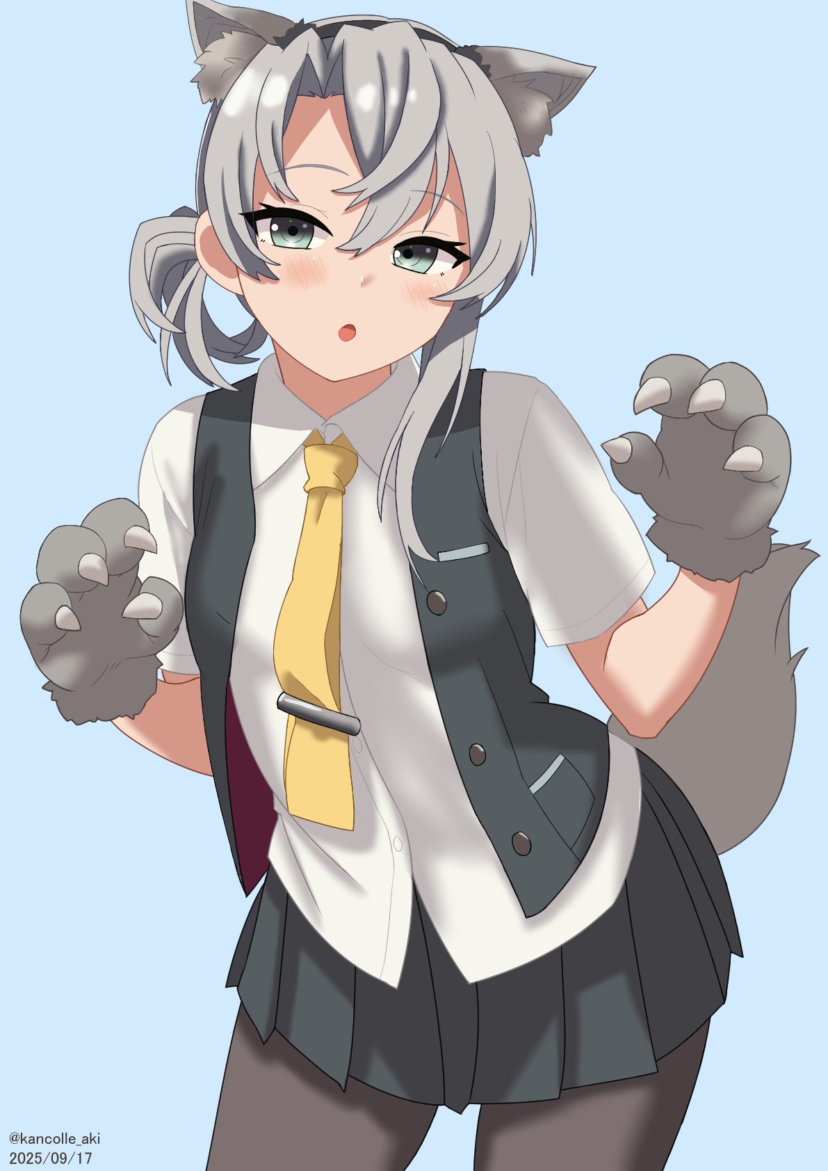 1girl, adapted_costume, akkun_teitoku, animal_ears, animal_hands, asymmetrical_hair, black_pantyhose, black_skirt, black_vest, blue_background, collared_shirt, cowboy_shot, dated, dress, dress_shirt, flipped_hair, gloves, grey_eyes, grey_hair, grey_vest, highres, kantai_collection, necktie, nowaki_(halloween)_(kancolle), nowaki_(kancolle), one-hour_drawing_challenge, pantyhose, paw_gloves, pleated_dress, pleated_skirt, shirt, simple_background, skirt, solo, swept_bangs, tail, twitter_username, vest, white_shirt, wolf_ears, wolf_paws, wolf_tail, yellow_necktie