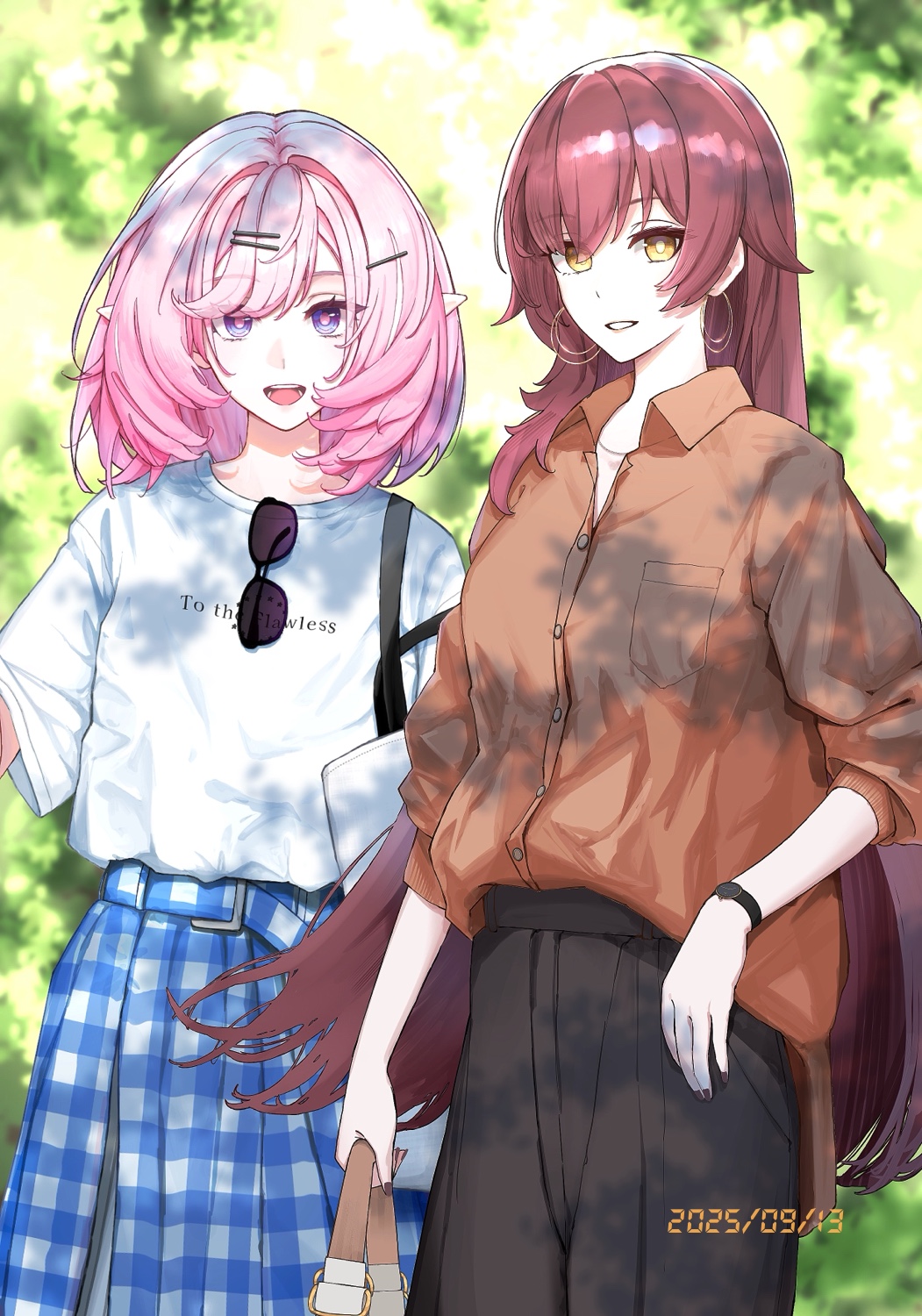2girls, alternate_costume, bag, black_pants, blue_eyes, brown_hair, commentary, dated