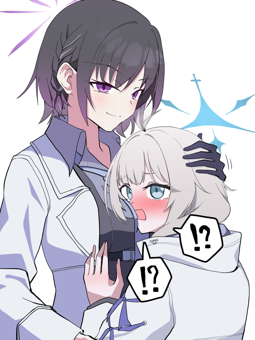 !?, 2girls, absurdres, amtkmituki, black_gloves, black_hair, blue_archive, blue_eyes