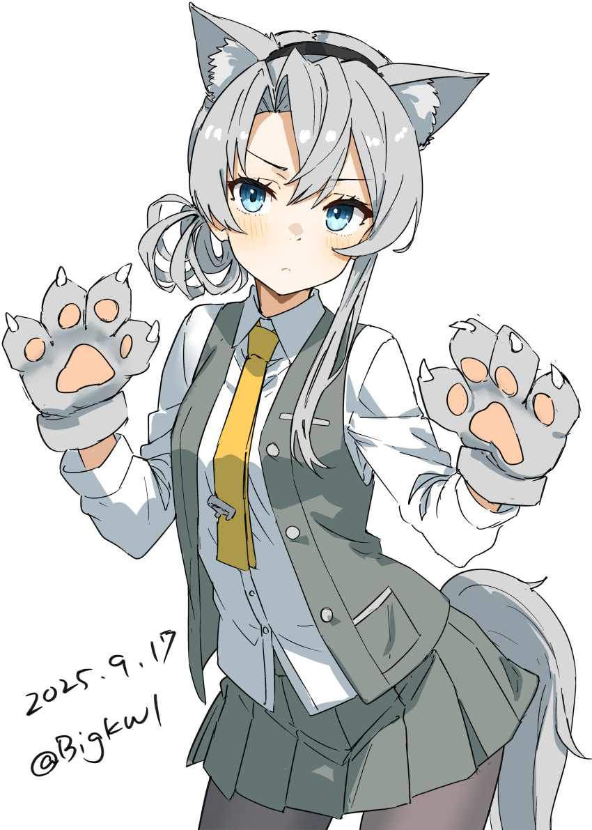 1girl, absurdres, adapted_costume, alternate_sleeve_length, animal_ears, animal_hands, asymmetrical_hair, bigkwl, black_pantyhose, collared_shirt, dated, dress_shirt, flipped_hair, gloves, grey_eyes, grey_hair, grey_skirt, grey_vest, halloween_costume, highres, kantai_collection, long_sleeves, necktie, nowaki_(halloween)_(kancolle), nowaki_(kancolle), one-hour_drawing_challenge, pantyhose, paw_gloves, pleated_skirt, shirt, simple_background, skirt, solo, swept_bangs, tail, twitter_username, vest, white_background, white_shirt, wolf_ears, wolf_paws, wolf_tail, yellow_necktie
