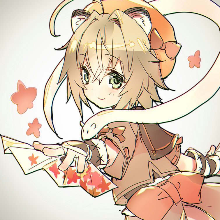 1boy, ahoge, animal_ears, emil_chronicle_online, folding_fan, from_side, globe, green_eyes, hand_fan, hat, holding, holding_fan, orange_theme, ribbon, shirt, shugoma_kikuzuki, smile, wanko_(takohati8), weasel, white_background