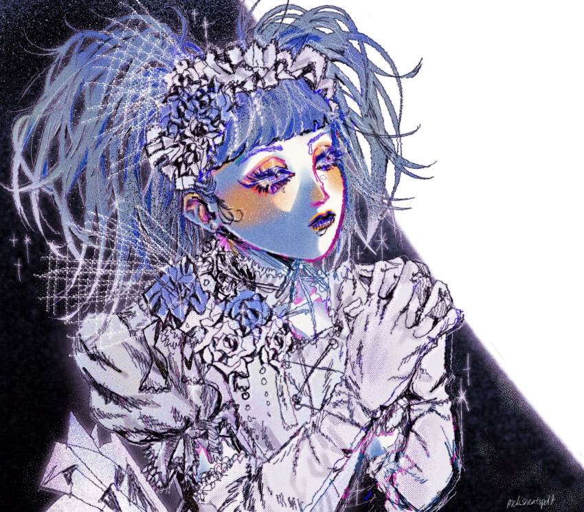 1boy, artist_name, blunt_bangs, closed_mouth, crossdressing, crossdressing_(mtf), dress, elbow_gloves