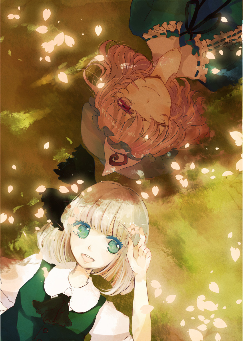 absurdres, blue_eyes, bow, cherry_blossoms, denko, from_above, hair_bow, hat