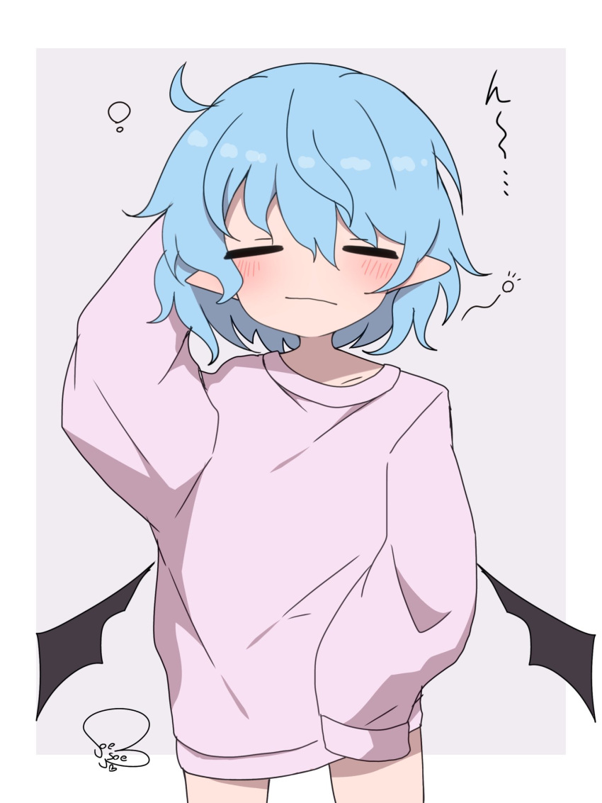 1girl, ahoge, alternate_costume, arm_up, bat_wings, blue_hair, blush, closed_eyes