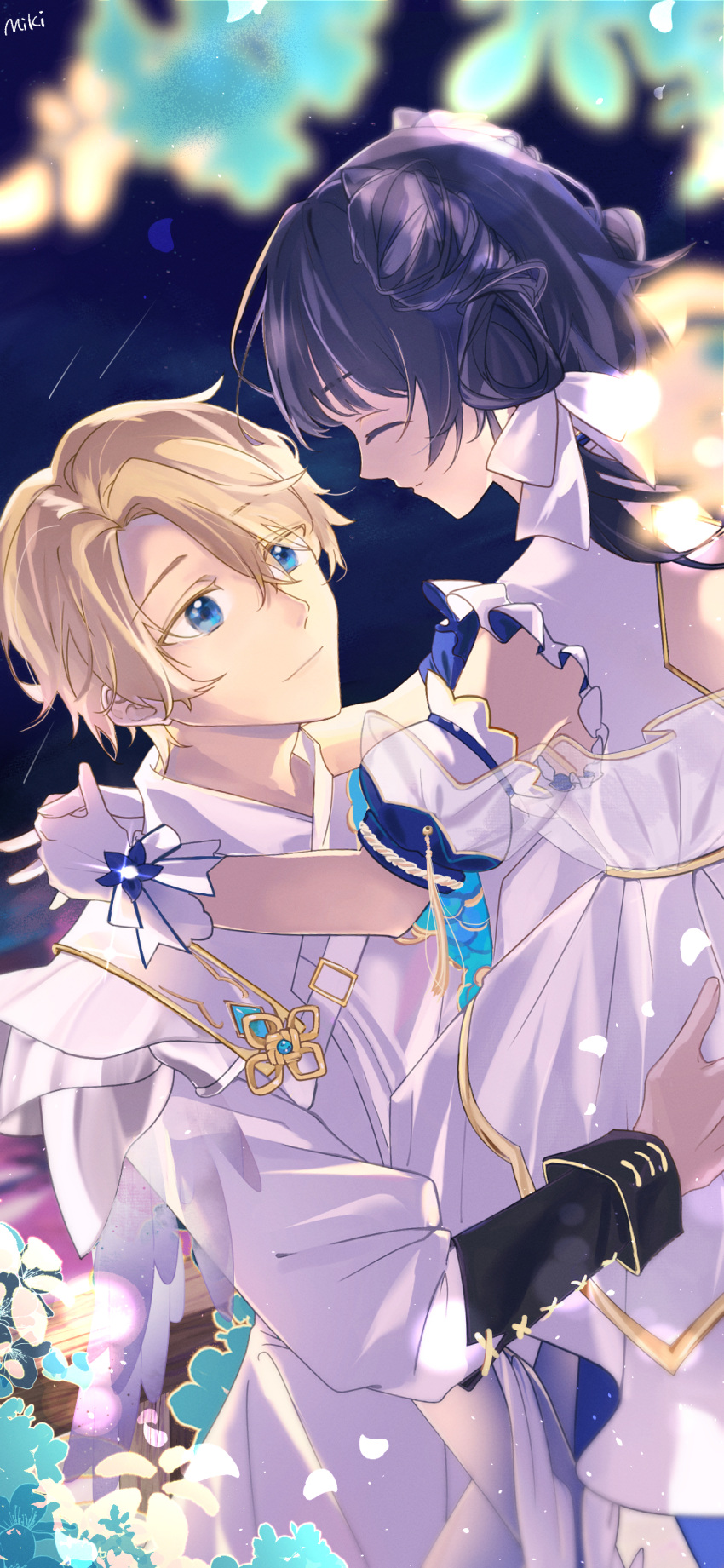 1boy, 1girl, ^_^, absurdres, albert_nomad, arms_around_neck, back_cutout, belt