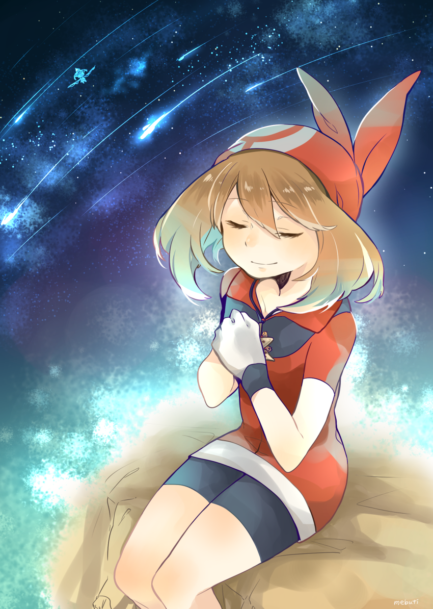 1girl, bandana, black_gloves, brown_hair, closed_mouth, galaxy, gem, gloves