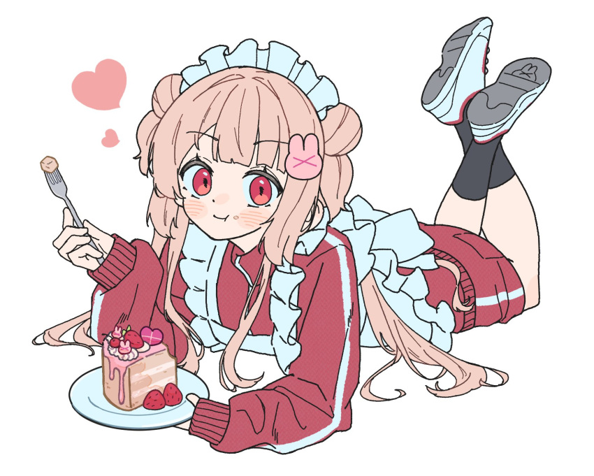 1girl, cake, cake_slice, double_bun, food, food_on_face, fork, hair_bun, highres, holding, holding_fork, jersey_maid, legs_up, long_hair, lying, maid, natori_sana, natori_sana_(jersey_maid), nobu-k, on_stomach, sana_channel, solo, strawberry_shortcake, unconventional_maid