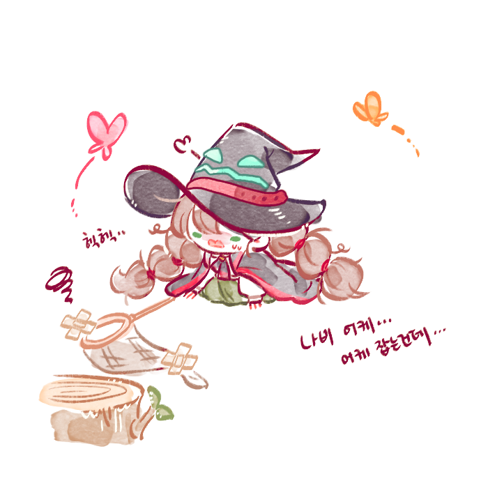 1girl, bandaid, brown_hair, bug, butterfly, butterfly_net, chibi, ellie_blueriver