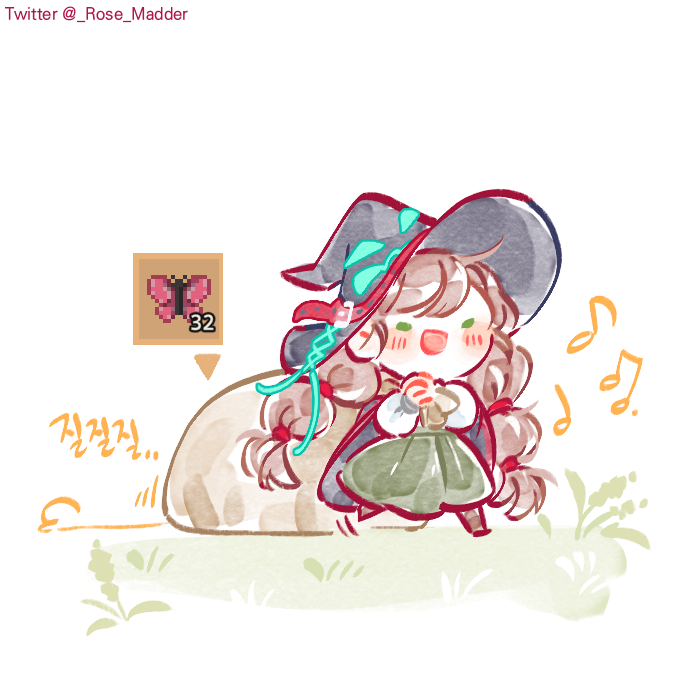 1girl, blush, braid, brown_hair, bug, butterfly, chibi, dragging